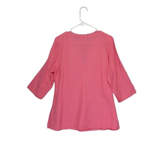 Eileen Fisher Irish Linen Sequin Neck Tunic Top in Pink Sz M 3/4 sleeve sparkle - Picture 3 of 11